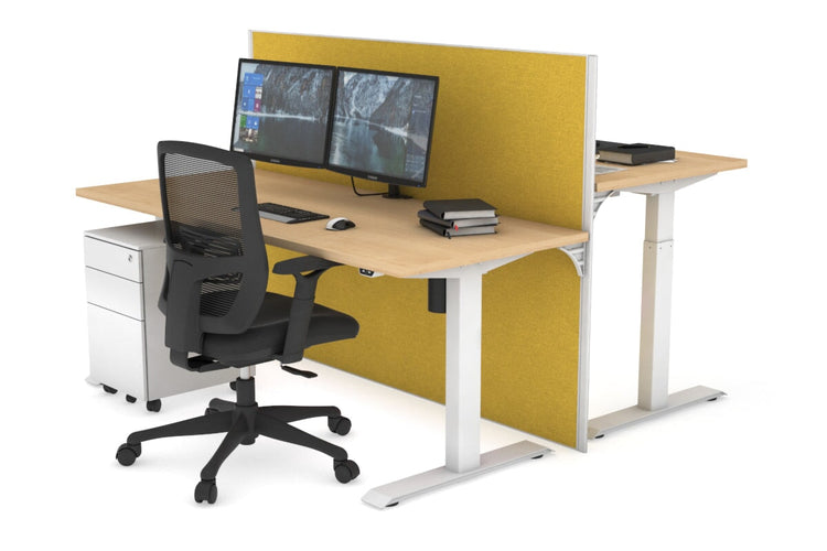 Just Right Height Adjustable 2 Person Bench Workstation [1400L x 700W] Jasonl white leg maple mustard yellow (1200H x 1400W)