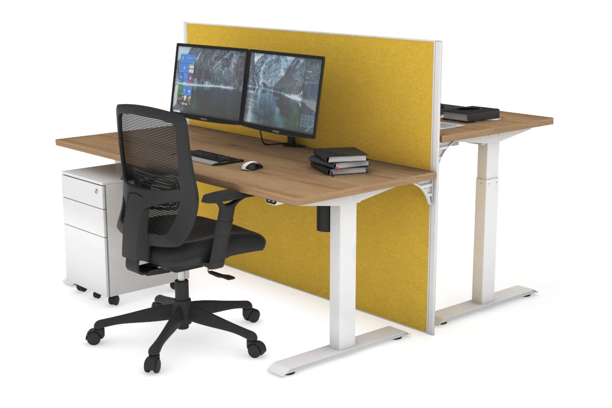Just Right Height Adjustable 2 Person Bench Workstation [1400L x 700W] Jasonl white leg salvage oak mustard yellow (1200H x 1400W)