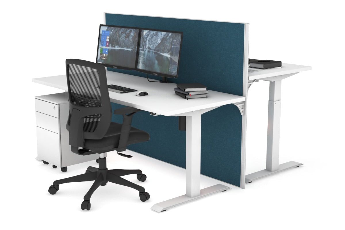 Just Right Height Adjustable 2 Person Bench Workstation [1400L x 700W] Jasonl white leg white deep blue (1200H x 1400W)