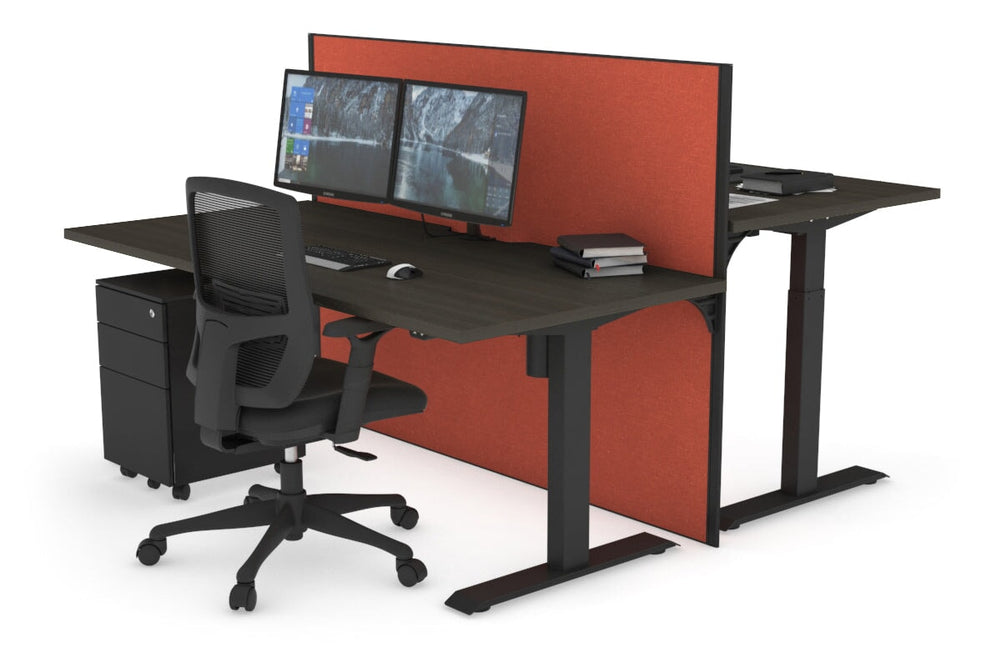 Just Right Height Adjustable 2 Person Bench Workstation [1400L x 800W with Cable Scallop]-black leg dark oak orange squash (1200H x 1400W)
