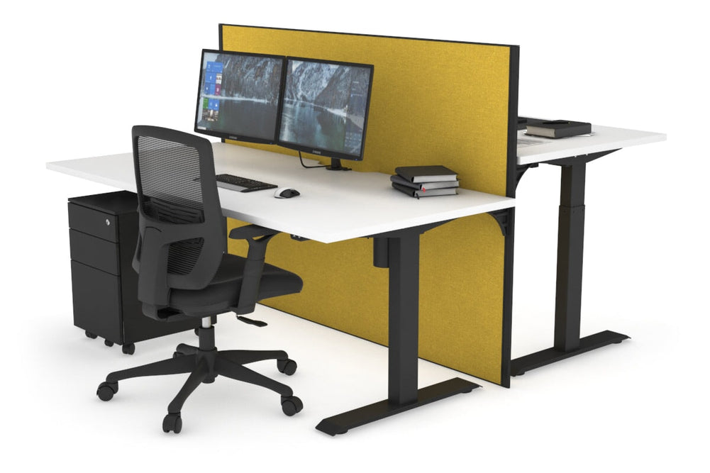 Just Right Height Adjustable 2 Person Bench Workstation [1400L x 800W with Cable Scallop]-black leg white mustard yellow (1200H x 1400W)