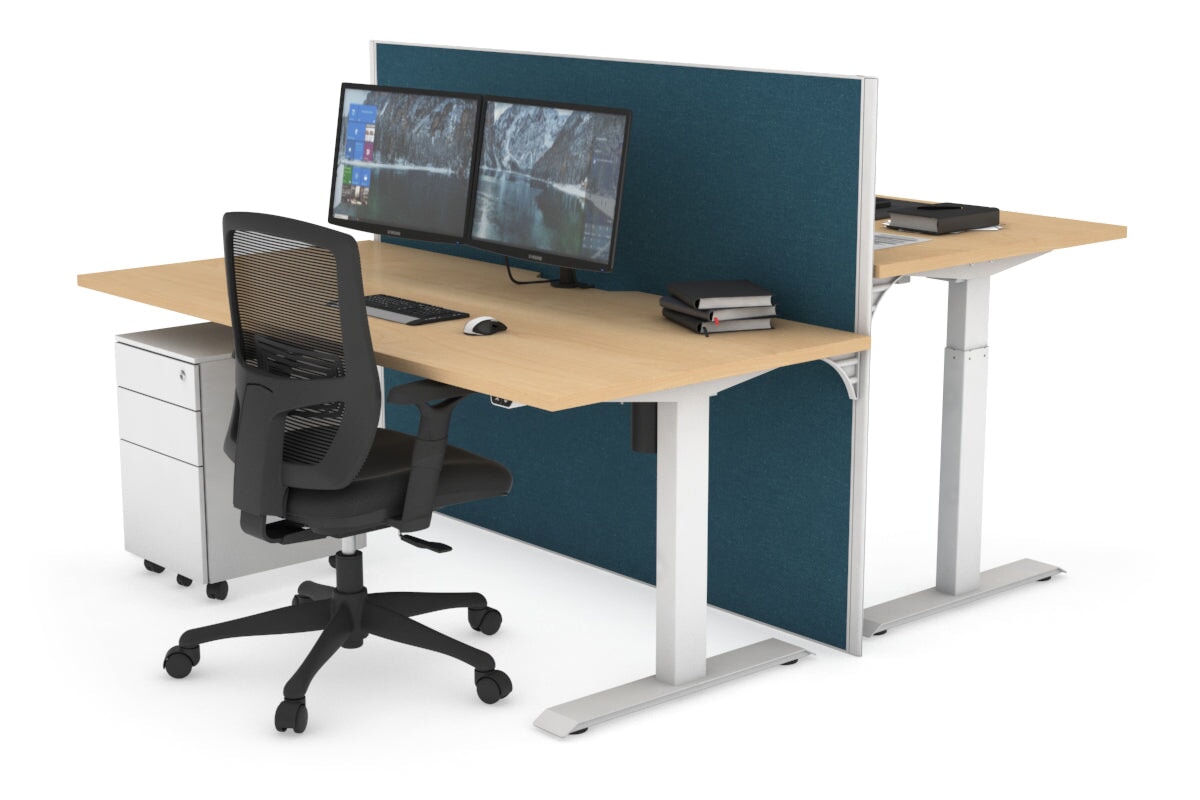 Just Right Height Adjustable 2 Person Bench Workstation [1400L x 800W with Cable Scallop] Jasonl white leg maple deep blue (1200H x 1400W)