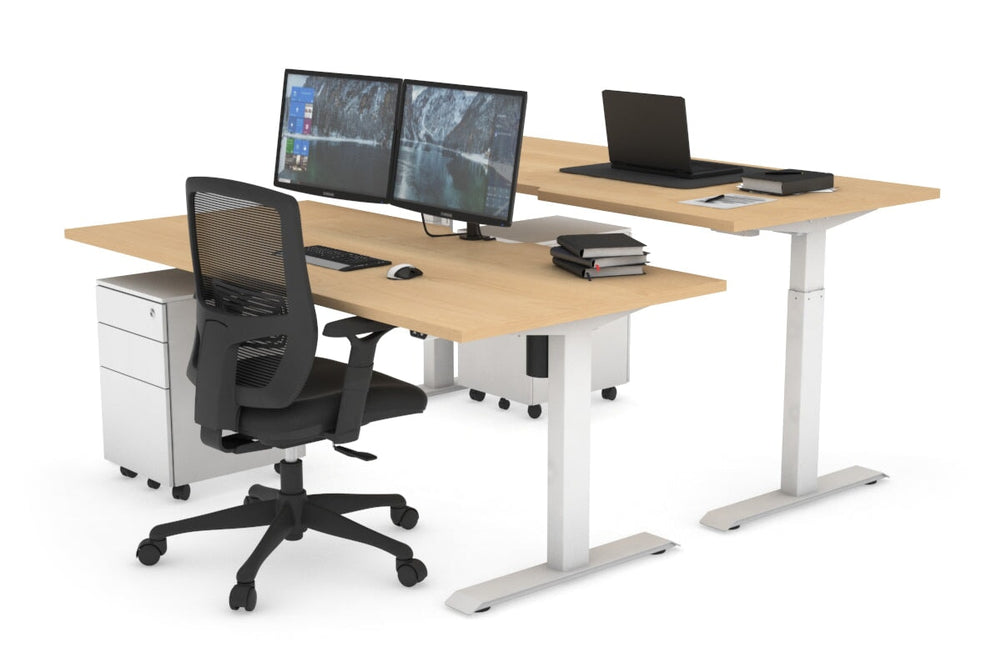 Just Right Height Adjustable 2 Person Bench Workstation [1400L x 800W with Cable Scallop]-white leg maple none