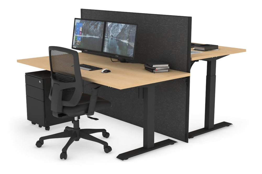 Just Right Height Adjustable 2 Person Bench Workstation [1400L x 800W with Cable Scallop]-black leg maple moody charcoal (1200H x 1400W)