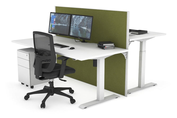 Just Right Height Adjustable 2 Person Bench Workstation [1400L x 800W with Cable Scallop] Jasonl white leg white green moss (1200H x 1400W)