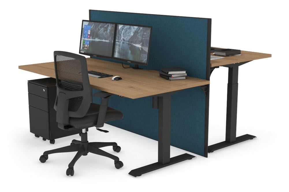Just Right Height Adjustable 2 Person Bench Workstation [1400L x 800W with Cable Scallop]-black leg salvage oak deep blue (1200H x 1400W)