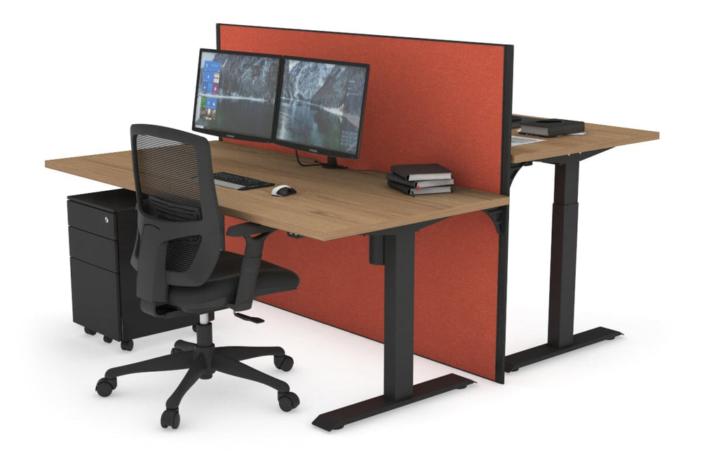 Just Right Height Adjustable 2 Person Bench Workstation [1400L x 800W with Cable Scallop]-black leg salvage oak orange squash (1200H x 1400W)