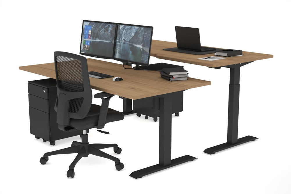 Just Right Height Adjustable 2 Person Bench Workstation [1400L x 800W with Cable Scallop]-black leg salvage oak none