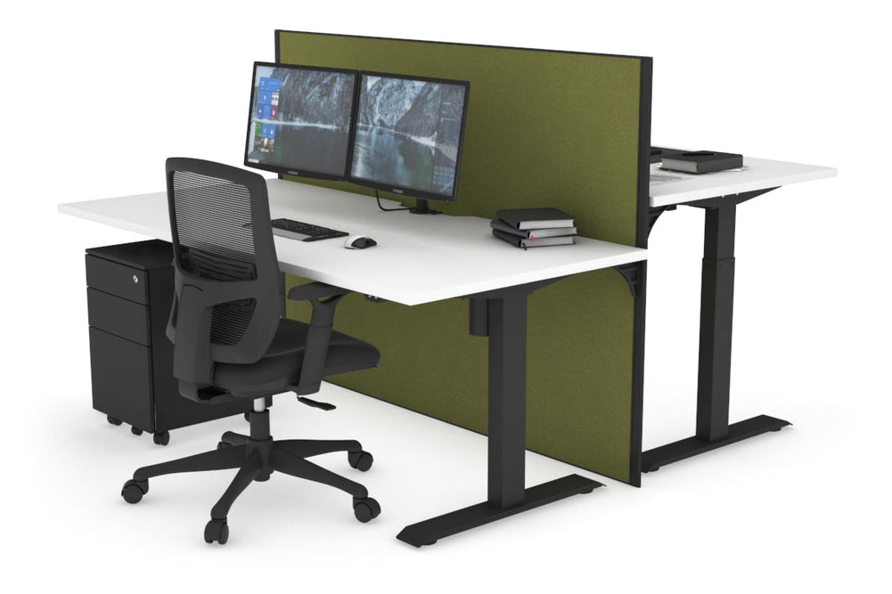 Just Right Height Adjustable 2 Person Bench Workstation [1400L x 800W with Cable Scallop]-black leg white green moss (1200H x 1400W)