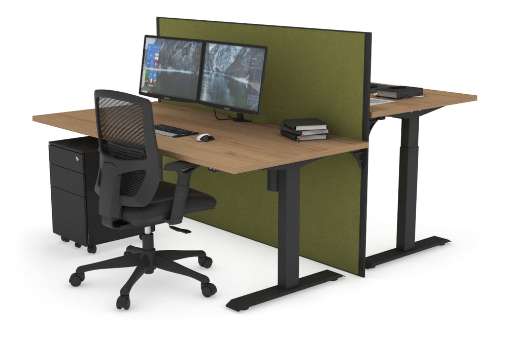 Just Right Height Adjustable 2 Person Bench Workstation [1400L x 800W with Cable Scallop]-black leg salvage oak green moss (1200H x 1400W)