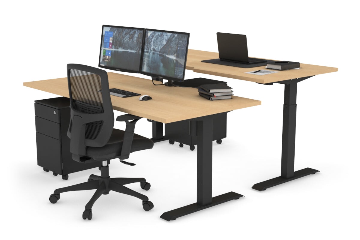 Just Right Height Adjustable 2 Person Bench Workstation [1400L x 800W with Cable Scallop] Jasonl black leg maple none