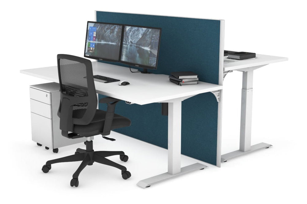 Just Right Height Adjustable 2 Person Bench Workstation [1400L x 800W with Cable Scallop]-white leg white deep blue (1200H x 1400W)