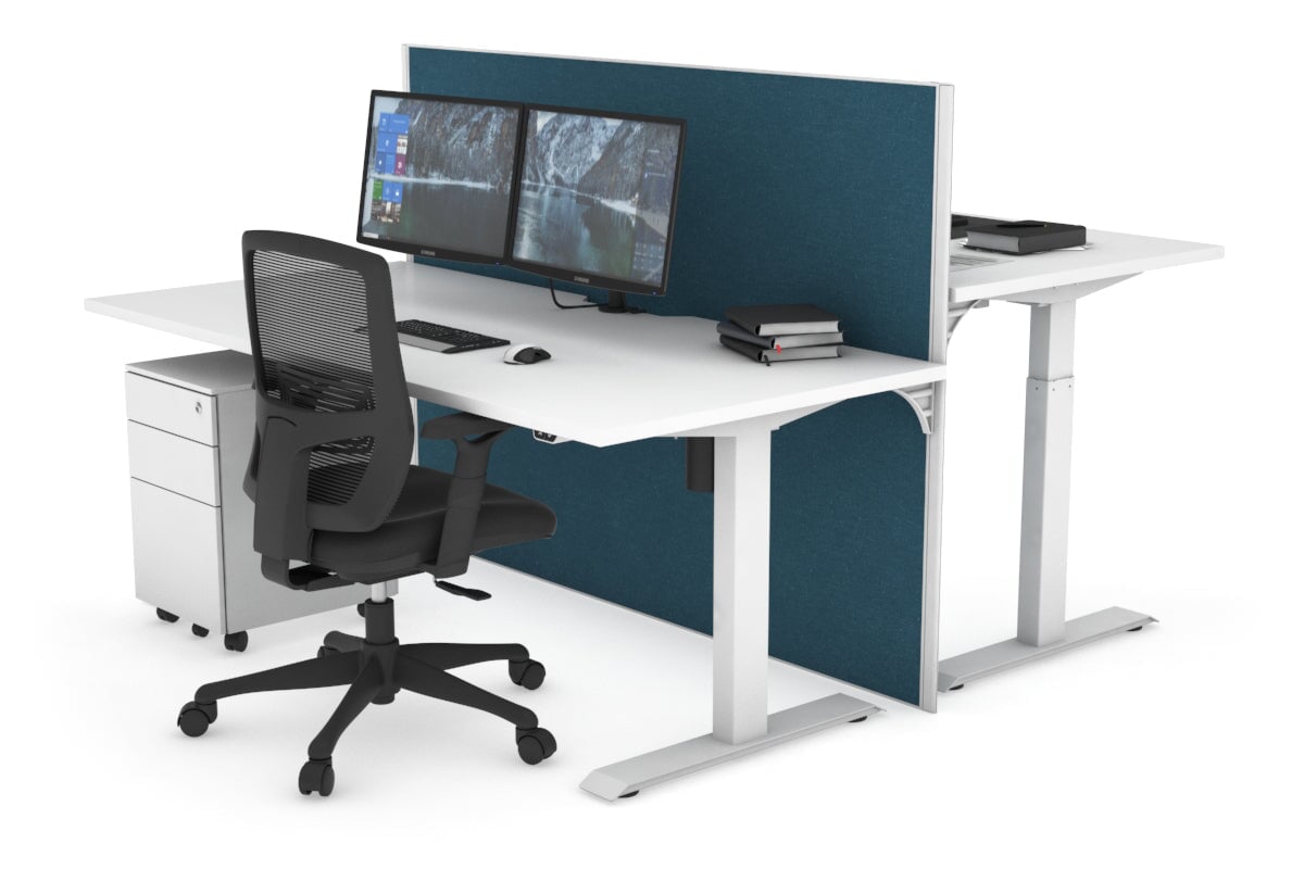 Just Right Height Adjustable 2 Person Bench Workstation [1400L x 800W with Cable Scallop] Jasonl white leg white deep blue (1200H x 1400W)