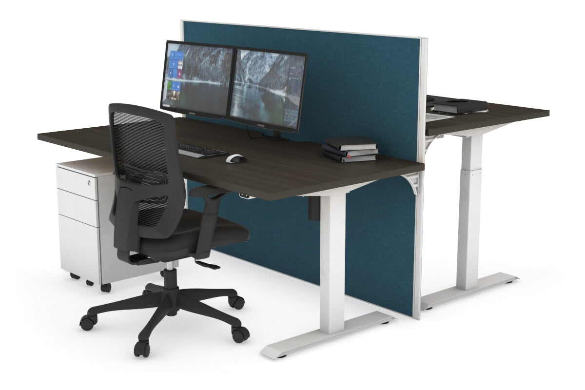 Just Right Height Adjustable 2 Person Bench Workstation [1400L x 800W with Cable Scallop] Jasonl white leg dark oak deep blue (1200H x 1400W)