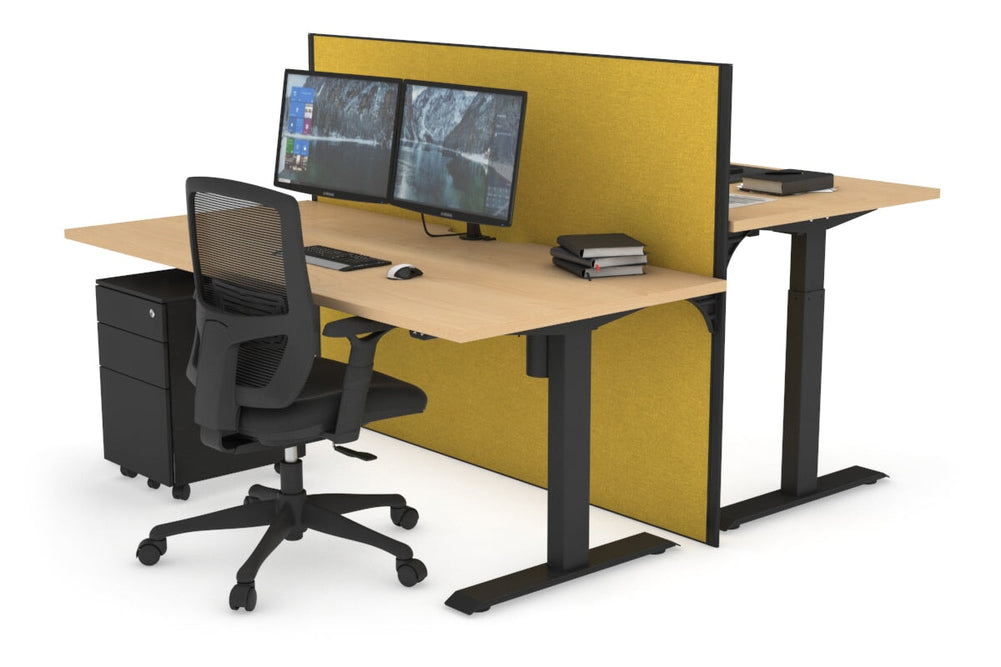 Just Right Height Adjustable 2 Person Bench Workstation [1400L x 800W with Cable Scallop]-black leg maple mustard yellow (1200H x 1400W)