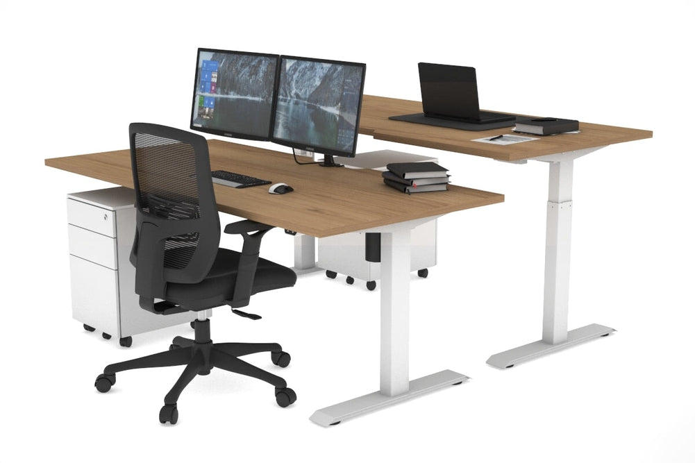 Just Right Height Adjustable 2 Person Bench Workstation [1400L x 800W with Cable Scallop]-white leg salvage oak none