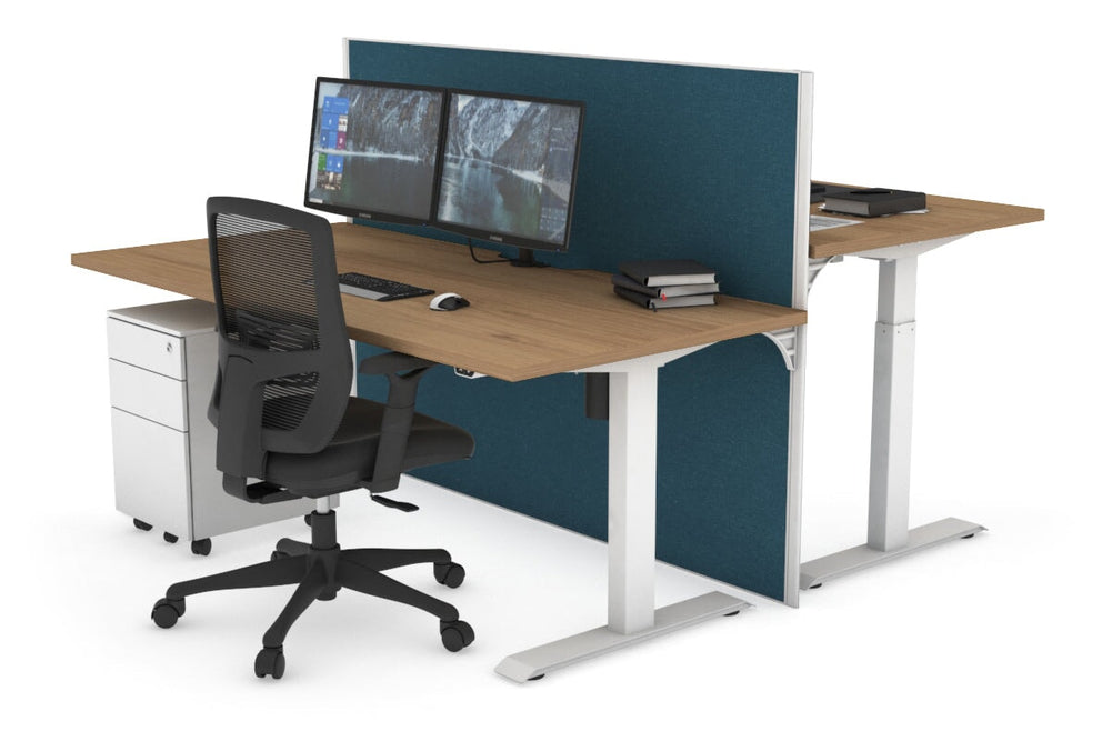 Just Right Height Adjustable 2 Person Bench Workstation [1400L x 800W with Cable Scallop]-white leg salvage oak deep blue (1200H x 1400W)