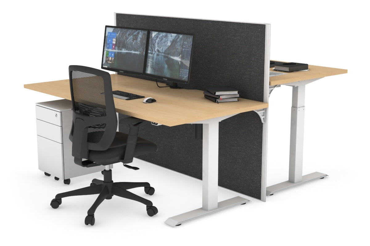 Just Right Height Adjustable 2 Person Bench Workstation [1400L x 800W with Cable Scallop] Jasonl white leg maple moody charchoal (1200H x 1400W)