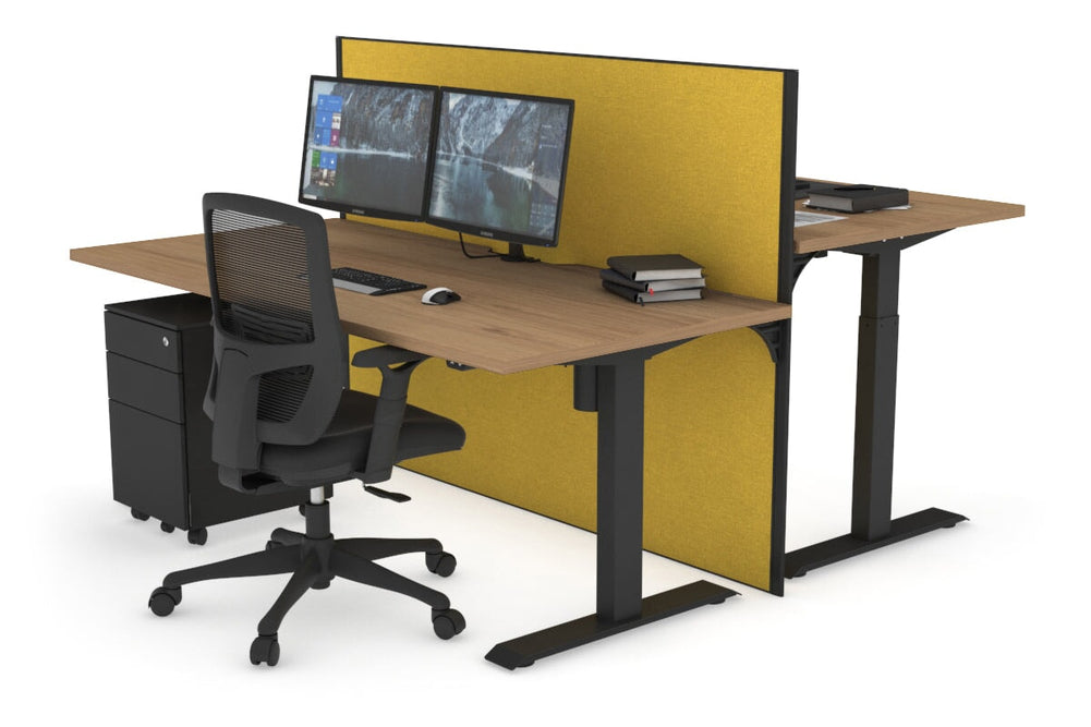 Just Right Height Adjustable 2 Person Bench Workstation [1600L x 800W with Cable Scallop]-black leg salvage oak mustard yellow (1200H x 1600W)