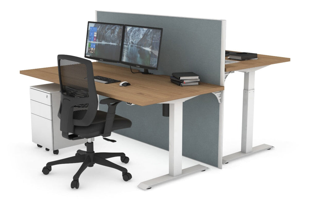 Just Right Height Adjustable 2 Person Bench Workstation [1600L x 800W with Cable Scallop]-white leg salvage oak cool grey (1200H x 1600W)