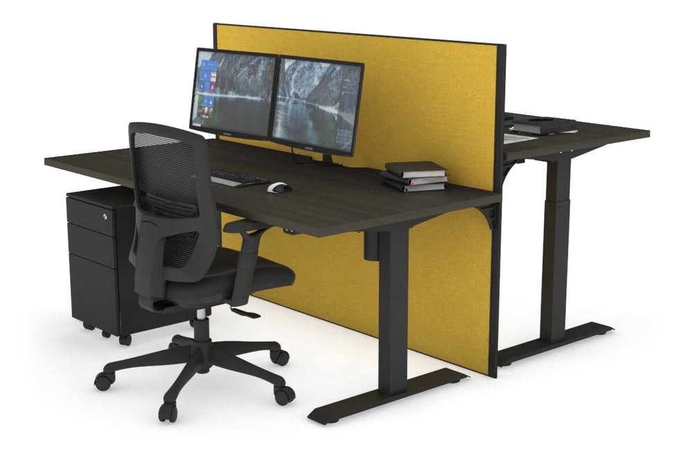Just Right Height Adjustable 2 Person Bench Workstation [1600L x 800W with Cable Scallop]-black leg dark oak mustard yellow (1200H x 1600W)