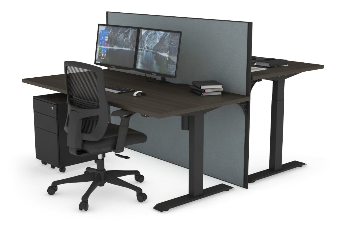 Just Right Height Adjustable 2 Person Bench Workstation [1600L x 800W with Cable Scallop] Jasonl black leg dark oak cool grey (1200H x 1600W)