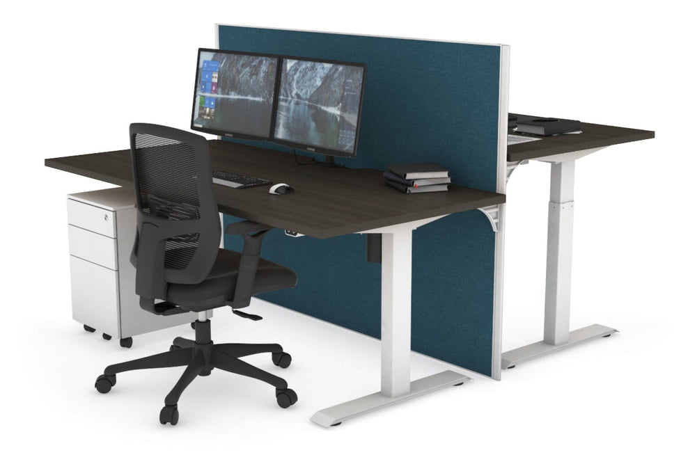 Just Right Height Adjustable 2 Person Bench Workstation [1600L x 800W with Cable Scallop]-white leg dark oak deep blue (1200H x 1600W)