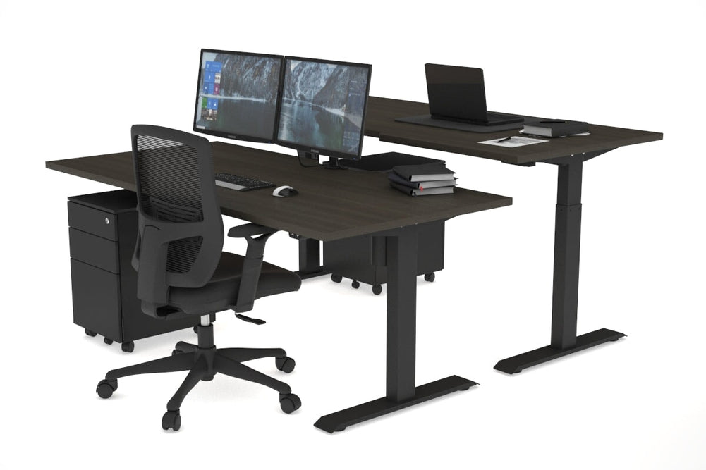 Just Right Height Adjustable 2 Person Bench Workstation [1600L x 800W with Cable Scallop]-black leg dark oak none