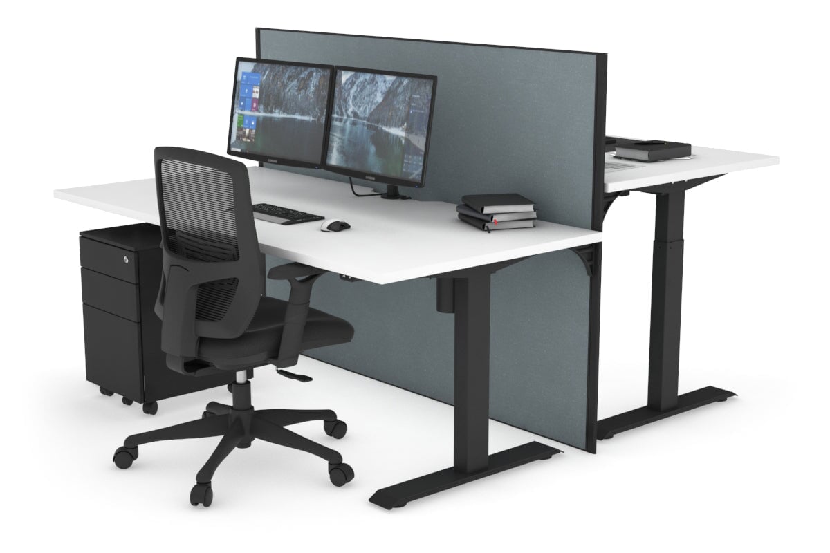 Just Right Height Adjustable 2 Person Bench Workstation [1600L x 800W with Cable Scallop] Jasonl black leg white cool grey (1200H x 1600W)