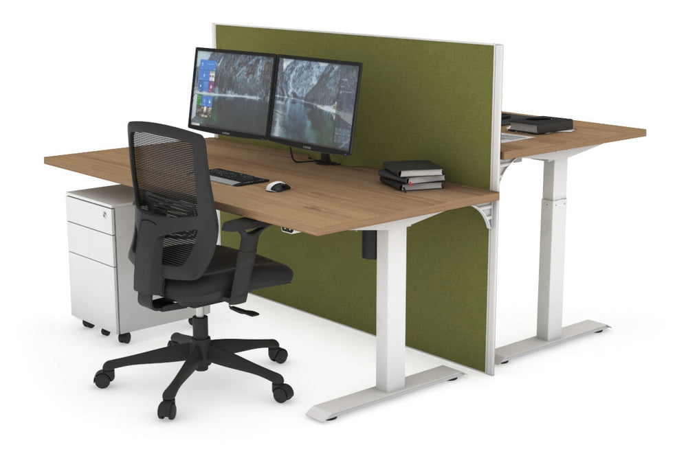 Just Right Height Adjustable 2 Person Bench Workstation [1600L x 800W with Cable Scallop]-white leg salvage oak green moss (1200H x 1600W)