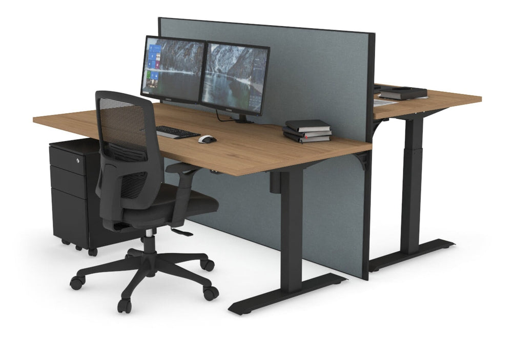 Just Right Height Adjustable 2 Person Bench Workstation [1600L x 800W with Cable Scallop]-black leg salvage oak cool grey (1200H x 1600W)
