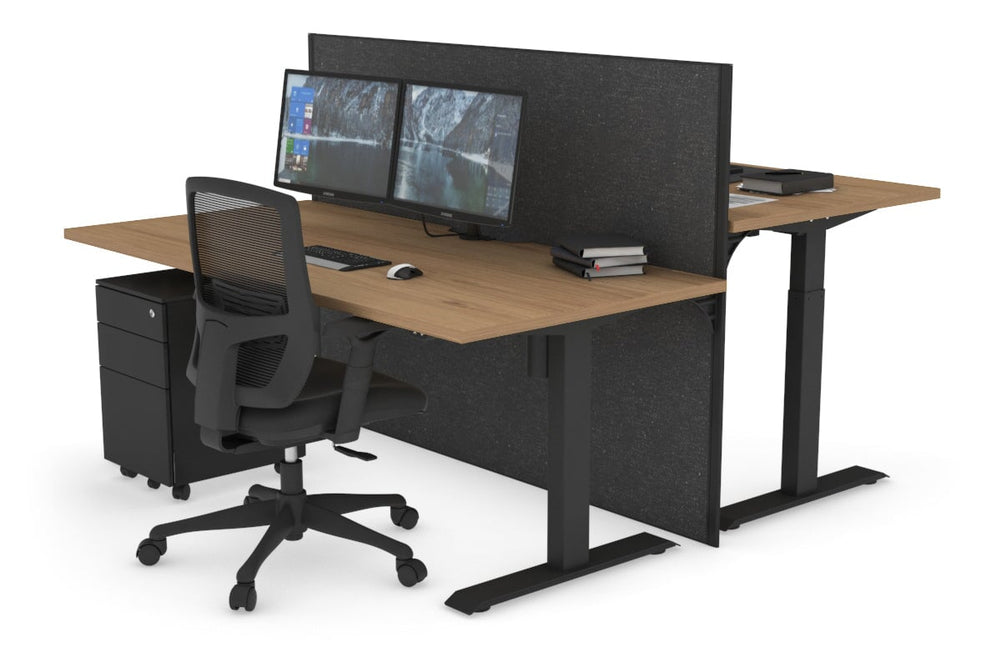 Just Right Height Adjustable 2 Person Bench Workstation [1600L x 800W with Cable Scallop]-black leg salvage oak moody charcoal (1200H x 1600W)