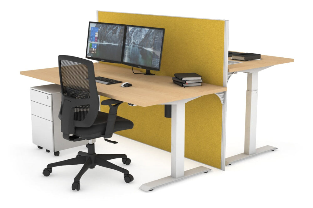 Just Right Height Adjustable 2 Person Bench Workstation [1600L x 800W with Cable Scallop]-white leg maple mustard yellow (1200H x 1600W)