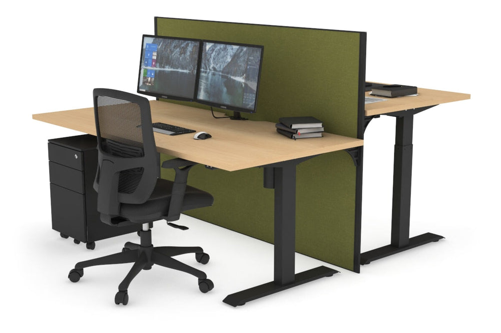 Just Right Height Adjustable 2 Person Bench Workstation [1600L x 800W with Cable Scallop]-black leg maple green moss (1200H x 1600W)