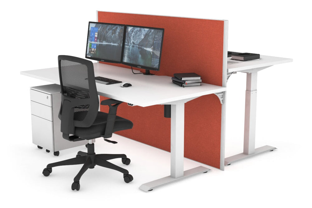Just Right Height Adjustable 2 Person Bench Workstation [1600L x 800W with Cable Scallop]-white leg white orange squash (1200H x 1600W)