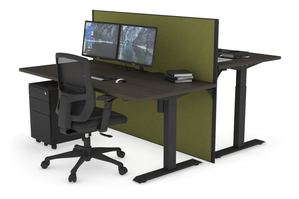 Just Right Height Adjustable 2 Person Bench Workstation [1600L x 800W with Cable Scallop]-black leg dark oak green moss (1200H x 1600W)