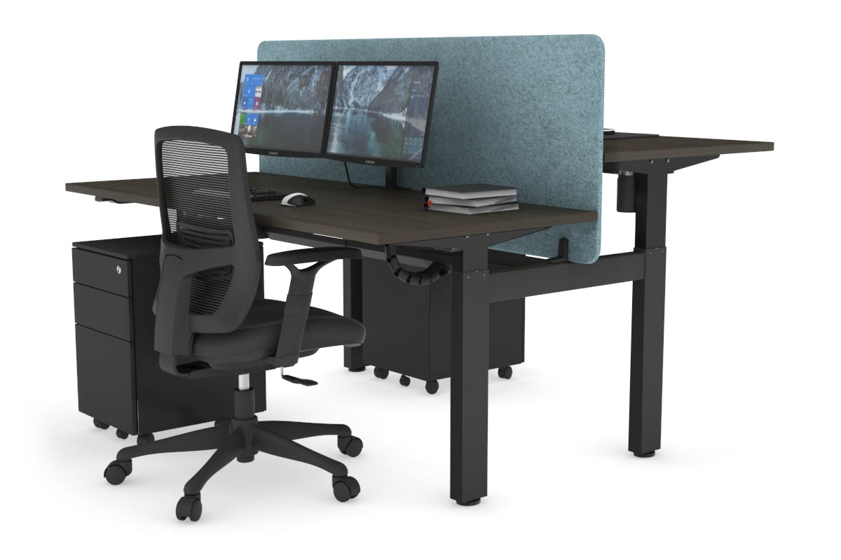 Just Right Height Adjustable 2 Person H-Bench Workstation - Black Frame [1200L x 700W] Jasonl dark oak blue echo panel (820H x 1200W) black cable tray
