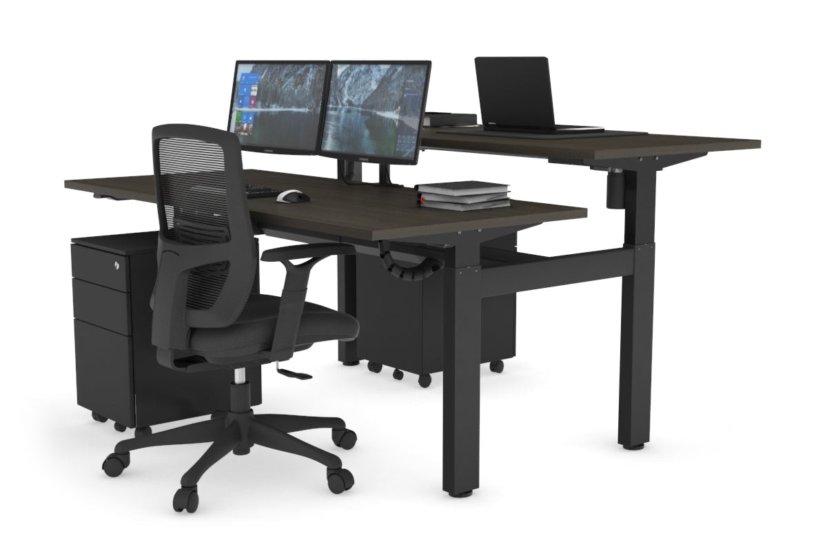 Just Right Height Adjustable 2 Person H-Bench Workstation - Black Frame [1200L x 700W] Jasonl dark oak none black cable tray