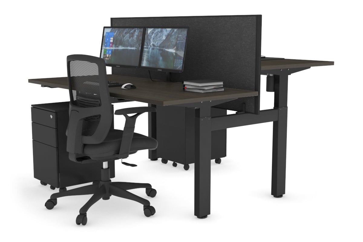 Just Right Height Adjustable 2 Person H-Bench Workstation - Black Frame [1200L x 700W] Jasonl dark oak moody charcoal (820H x 1200W) none