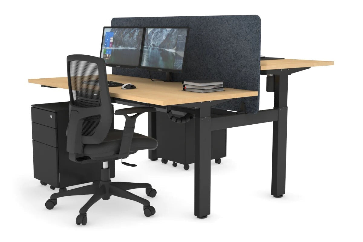 Just Right Height Adjustable 2 Person H-Bench Workstation - Black Frame [1200L x 700W] Jasonl maple dark grey echo panel (820H x 1200W) black cable tray