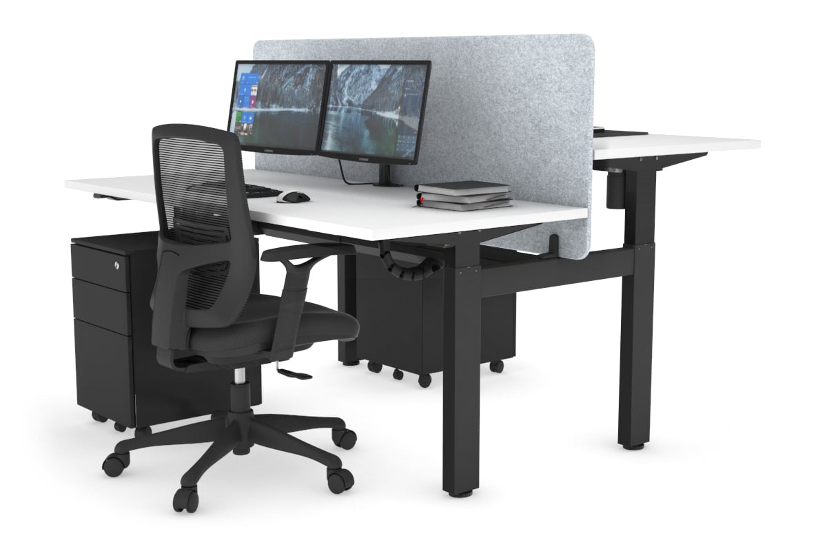 Just Right Height Adjustable 2 Person H-Bench Workstation - Black Frame [1200L x 700W] Jasonl white light grey echo panel (820H x 1200W) black cable tray