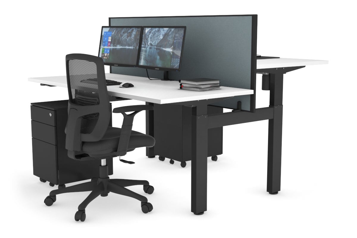 Just Right Height Adjustable 2 Person H-Bench Workstation - Black Frame [1200L x 700W] Jasonl white cool grey (820H x 1200W) none