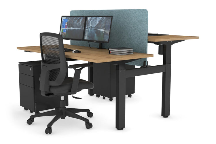Just Right Height Adjustable 2 Person H-Bench Workstation - Black Frame [1400L x 700W] Jasonl salvage oak blue echo panel (820H x 1200W) none