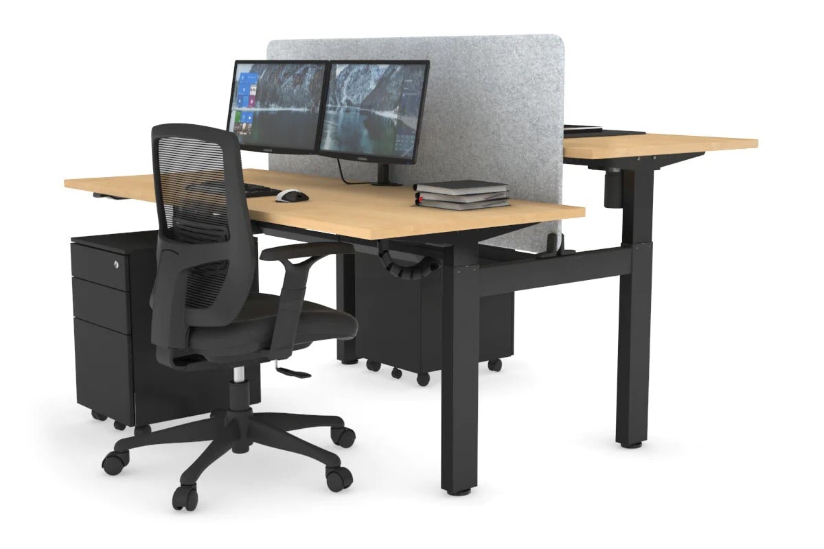 Just Right Height Adjustable 2 Person H-Bench Workstation - Black Frame [1400L x 700W] Jasonl maple light grey echo panel (820H x 1200W) black cable tray