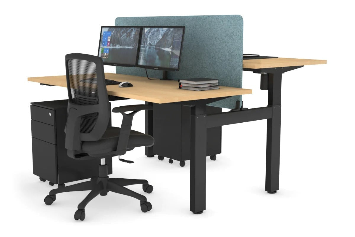 Just Right Height Adjustable 2 Person H-Bench Workstation - Black Frame [1400L x 700W] Jasonl maple blue echo panel (820H x 1200W) none