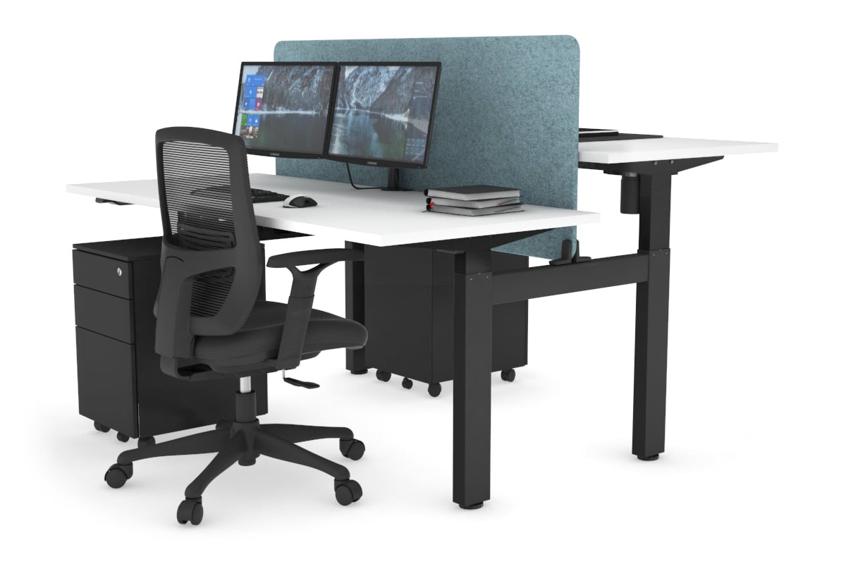 Just Right Height Adjustable 2 Person H-Bench Workstation - Black Frame [1400L x 700W] Jasonl white blue echo panel (820H x 1200W) none