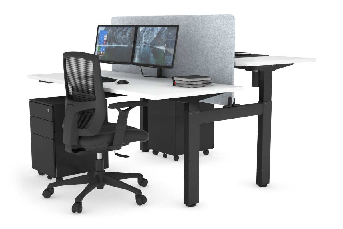 Just Right Height Adjustable 2 Person H-Bench Workstation - Black Frame [1400L x 700W] Jasonl white light grey echo panel (820H x 1200W) none