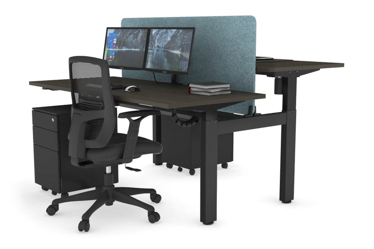 Just Right Height Adjustable 2 Person H-Bench Workstation - Black Frame [1400L x 700W] Jasonl dark oak blue echo panel (820H x 1200W) black cable tray