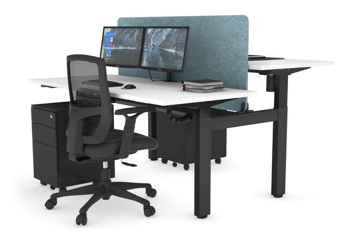 Just Right Height Adjustable 2 Person H-Bench Workstation - Black Frame [1400L x 700W] Jasonl white blue echo panel (820H x 1200W) black cable tray
