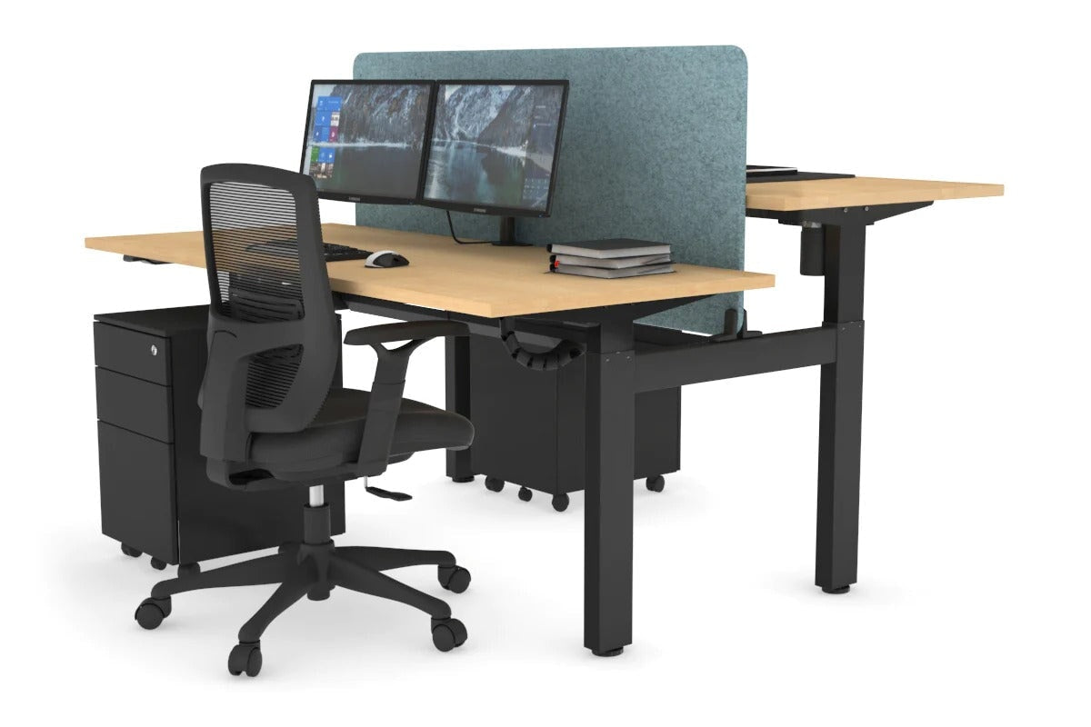 Just Right Height Adjustable 2 Person H-Bench Workstation - Black Frame [1400L x 700W] Jasonl maple blue echo panel (820H x 1200W) black cable tray